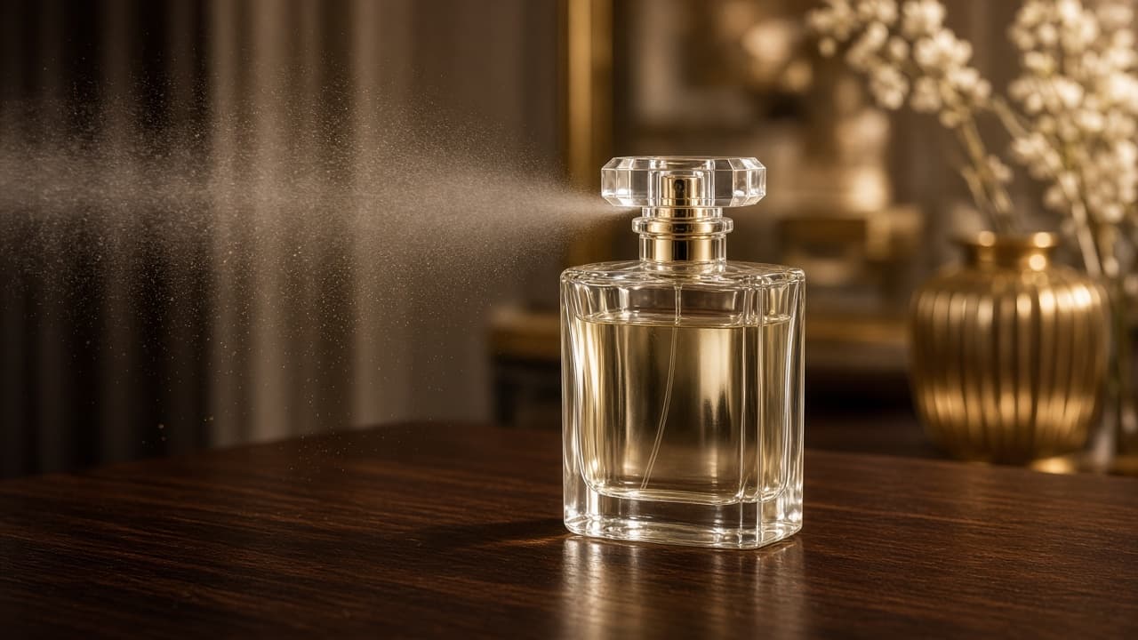 A bottle spraying perfume